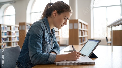 Focused young woman studying with digital tablet and notebook in a bright library setting with notebook well lit educational environment education environment learning environment reading device