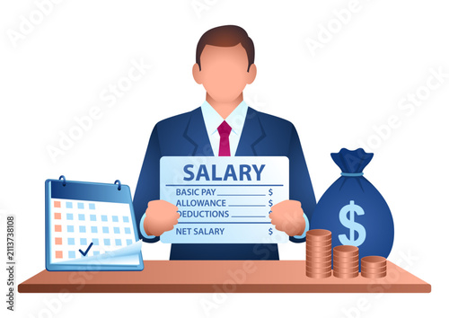 Modern business illustration of employee salary, payslip, calendar, money bag, and coins for payroll, HR, finance, and payday concepts.