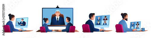 Business illustration of remote employees in virtual meetings, online presentations, and work-from-home collaboration for hybrid workplaces.