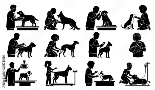 Veterinarian doctor and dog silhouette collection with pet examination and veterinary clinic medical care vector set