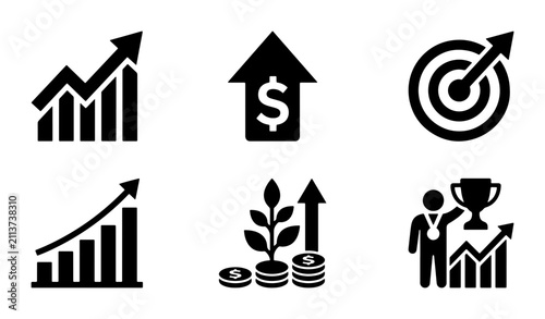 Business Growth Icons: Upward Trends, Financial Success, Goal Achievement, Investment, and Victory