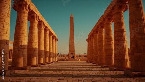Ancient Columns and Obelisk at Karnak Temple During Sunset