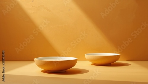 Bowls Placed on a Clean Surface With Warm Light Creating Shadows in a Simple ...