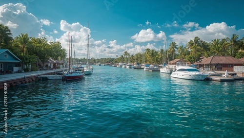 Clear Water Surrounds Wooden Boats Near a Tropical Building Under Palm Trees ...