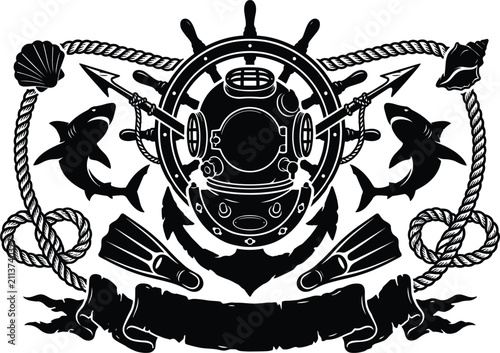 Foto Vintage Deep Sea Diver Emblem Vector Badge with Helmet Ship Wheel Anchors Harpoo
