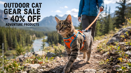 Outdoor gear sale with cat wearing discount bandana. Pet accessory promotion featuring happy tabby on hiking trail.