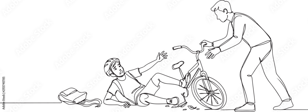 Obraz premium Single continuous line drawing boy fallen off bicycle. Bike accident. Kids fallen damaged bicycle broken transport children accidents helping person.one line vector drawing