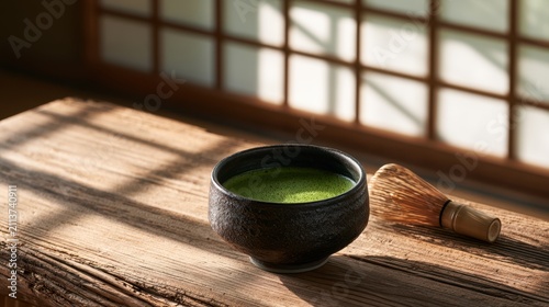  Traditional Japanese matcha green tea in a ceramic chawan bowl with a bamboo whisk on a rustic wooden table.