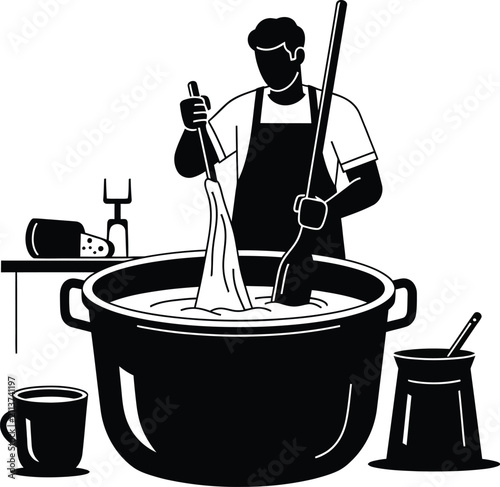 Chef Stirring Large Pot Of Hot Liquid With Wooden Spoon
