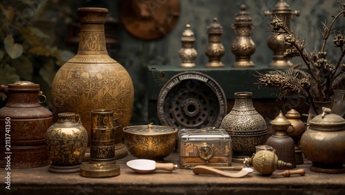 Artifacts Displayed on a Wooden Table in a Vintage Shop