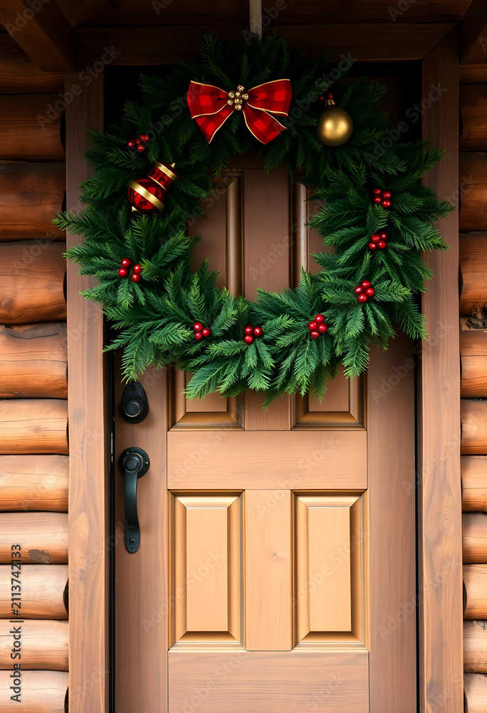 Obraz premium Christmas wreath on wooden cabin door
