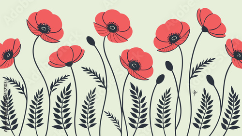 Red Poppy Icon Rows Flat Vector Illustration - Minimalist Floral Grid Pattern for Remembrance Day, Memorial, and Botanical Graphic Design