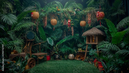 Decorative Tropical Setup With Plants and Hanging Items in an Indoor Location