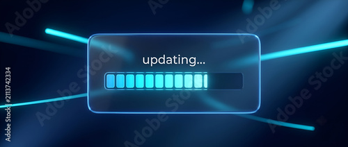 3D Digital Render Displaying Glowing Updating Text with Progress Loading Bar on Transparent Glass UI Panel