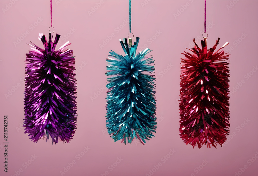 Obraz premium Three colorful hanging tinsel decorations on pink background