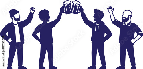Silhouettes of four friends cheering and celebrating with mugs of beer at a social gathering or party celebration socializing together
