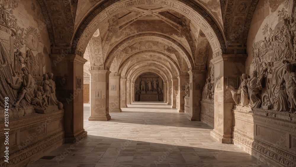 Obraz premium Ancient Hall With Columns and Statues in a Historic Location