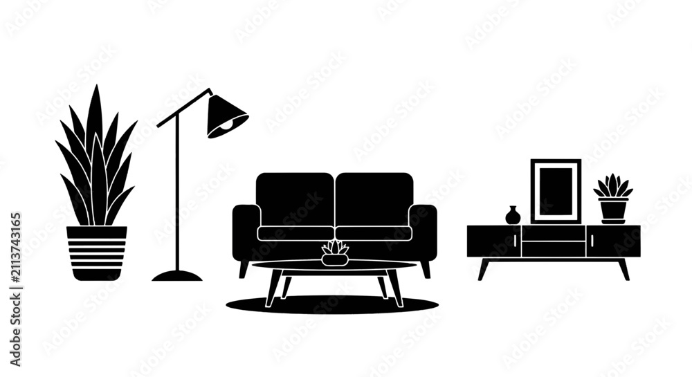 Fototapeta premium Vector illustration of living room furniture set with sofa, coffee table, floor lamp and cabinet on a transparent background