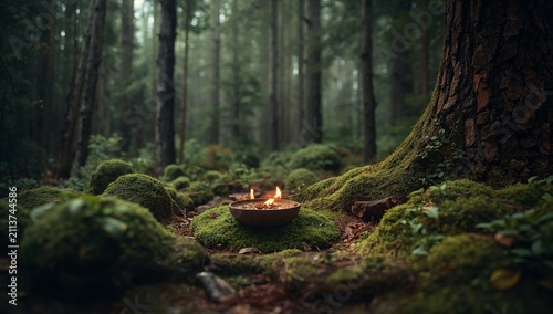 Moss-covered Ground With Bowls of Fire in a Forest Setting
