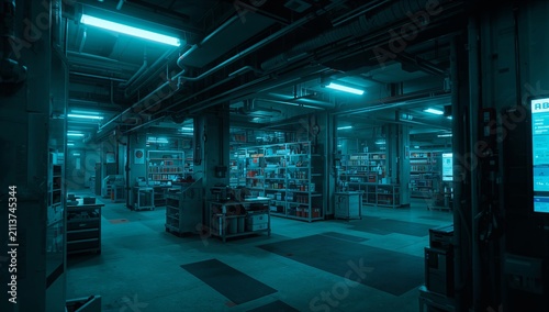 Modern Library Interior With Blue Lighting and Shelves Filled With Books