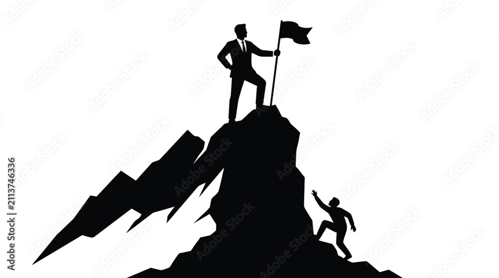 Fototapeta premium Business silhouette illustration of leader standing on mountain peak with flag while helping climbing partner up