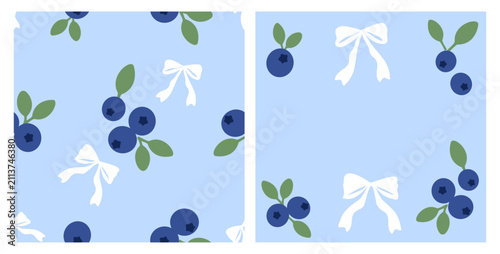 Seamless blueberry and bow pattern featuring fresh blue berries with green leaves and white ribbon bows on a soft pastel blue background in flat vector style for fabric, wrapping paper, and textile.
