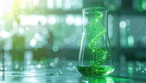 Laboratory flask with glowing green liquid containing digital DNA double helix, blurred lab glassware background, futuristic biotechnology and genetic research concept with soft lighting.