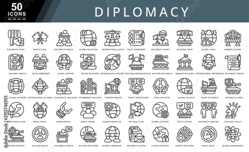Diplomacy Icons Collection for International Relations, Global Governance, Peace Agreements, Foreign Policy, Government Affairs, Human Rights, Strategic Cooperation, and Global Security.