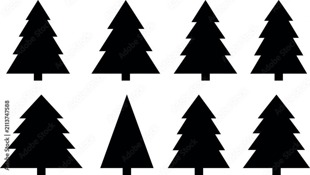 Fototapeta premium Minimalist Christmas tree silhouette vector icon set featuring various geometric black pine and fir trees isolated on a solid white background for holiday graphic designs