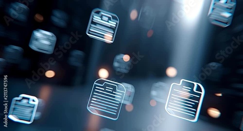 Numerous digital document icons floating in a futuristic, abstract technological space, representing data transfer, online archiving, file sharing, and cloud computing information management