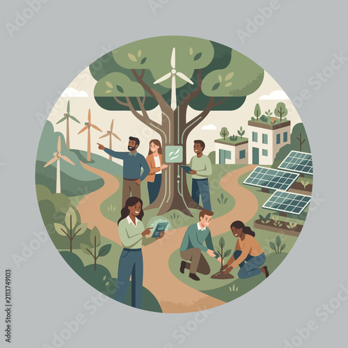 People collaborate in a communal forest to manage renewable energy systems including wind turbines and solar panels for a sustainable future community environment.