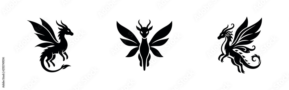 Fototapeta premium Mythical Winged Dragon and Beast Silhouettes