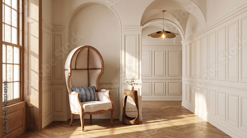 Elegant Hallway Reading Nook with Porter's Chair, Groin Vault Ceiling and Classic Wall Paneling