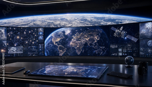 Futuristic satellite surveillance control room overlooking earth with satellite surveillance technology monitoring futuristic intelligence operations displays infrastructure technical