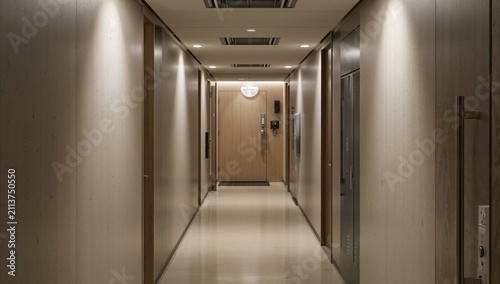 Empty Hallway Inside a Modern Building With Light Wood Paneling and Doors Alo...