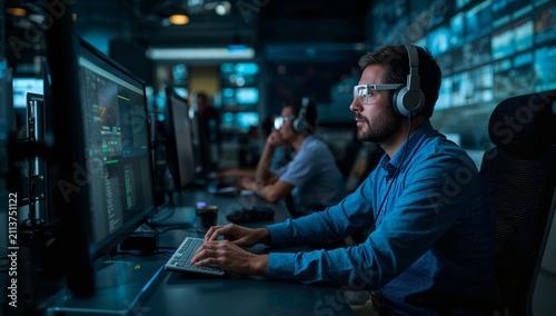 Man Working at Computer in a Dark Room With Multiple Screens and Data Displays