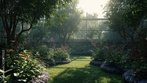 Sunlight Shines Through Trees in a Garden With Flowers and Green Grass
