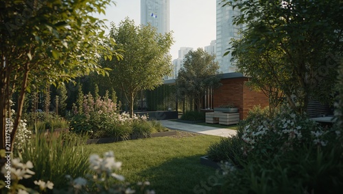 Sunlight Shines Through Trees in a Garden With Flowers and Green Grass