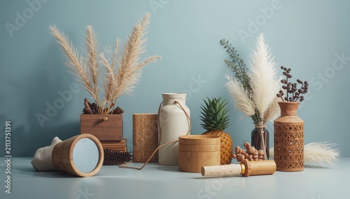 Decorative Items Arranged on a Table With Plants and Containers in a Light Bl...