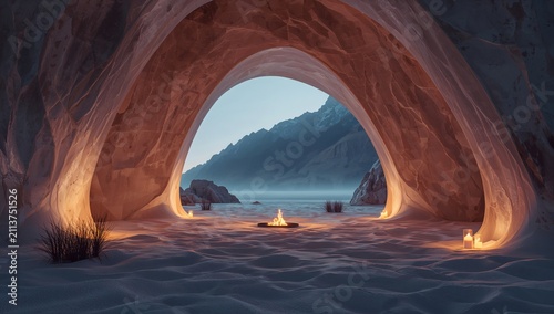 A Scene of an Ice Cave With Soft Lighting During Twilight Near a Frozen Lake