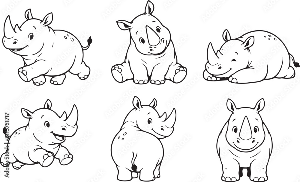 Obraz premium A set of rhinos. Hand drawn vector illustration