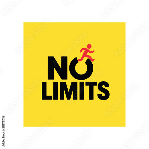 Motivational graphic design featuring a running figure leaping over an obstacle with the text no limits