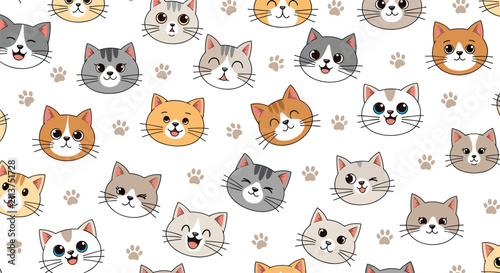 Seamless vector pattern filled with cute diverse cartoon cat faces and paw prints on a clean white background.