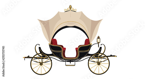 Elegant vintage royal carriage with decorative golden details and canopy, isolated on a white background.