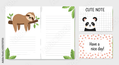 Cute stationery template collection featuring a sleeping sloth, a sweet panda note, and a positive greeting card.