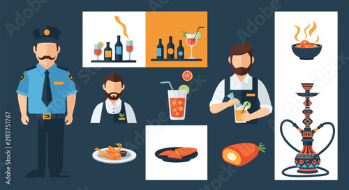 Night club bar crew and party elements set including a policeman, bartenders, colorful cocktails, and a hookah.