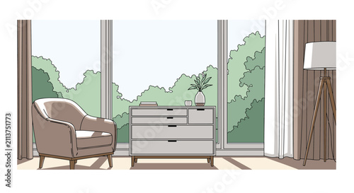 Cozy modern living room interior illustration with a comfortable armchair, wooden cabinet, floor lamp, and garden view window.