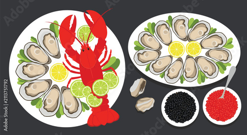 Gourmet seafood dining layout featuring plates of fresh oysters, a boiled red lobster, and bowls of black and red caviar.