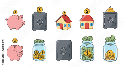 Financial savings concept collection featuring pink piggy banks, secure safes, house savings, and jars filled with money.