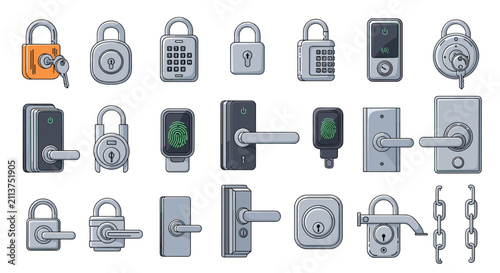 Extensive door hardware collection including various padlocks, electronic keypad locks, smart handles, and chains.